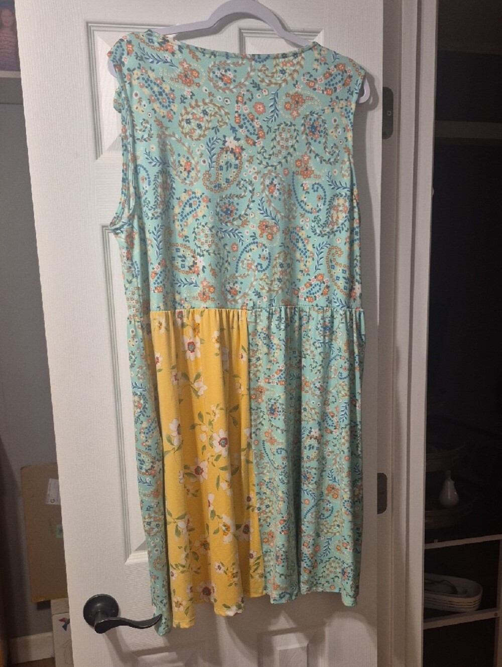 Tie-Shoulder Patchwork Floral Casual Dress in Mint, Yellow & Coral - Picture 3 of 5
